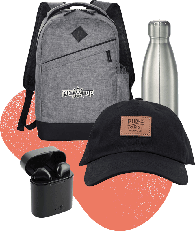 Promotional backpack, hat, and water bottle