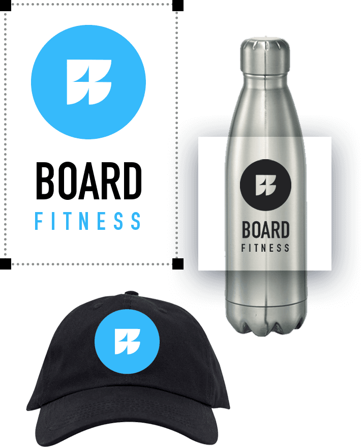 Custom promotional products including a logo, water bottle, and hat