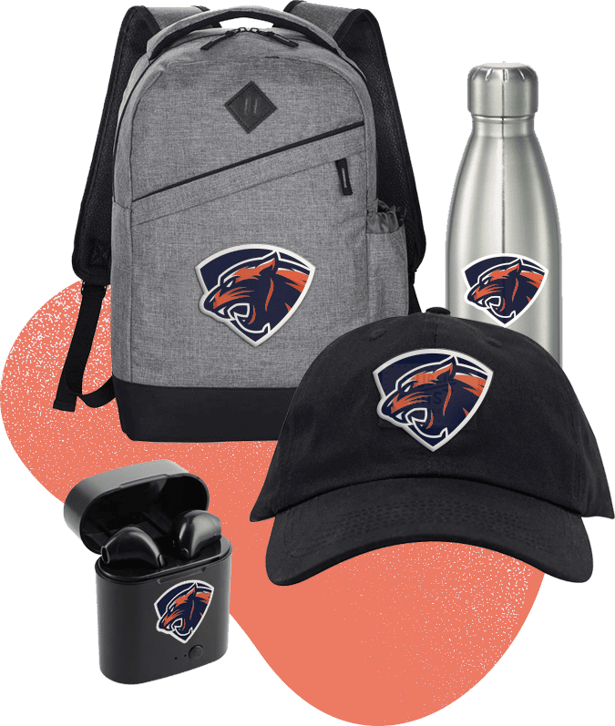 Custom printed logo on hat, water bottle, back pack, and air pod case